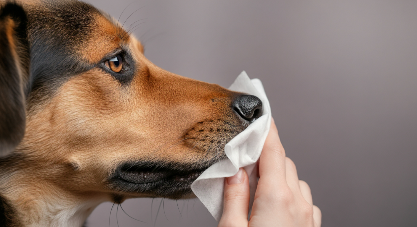 ウェットティッシュで犬の口元を拭いているマクロ写真。