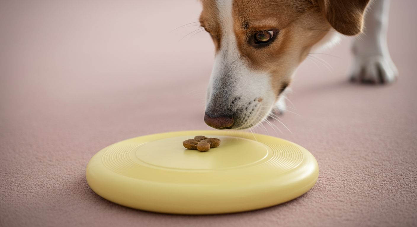 中央におやつが乗った黄色いフリスビーの匂いを、犬がクンクンと嗅いでいる。