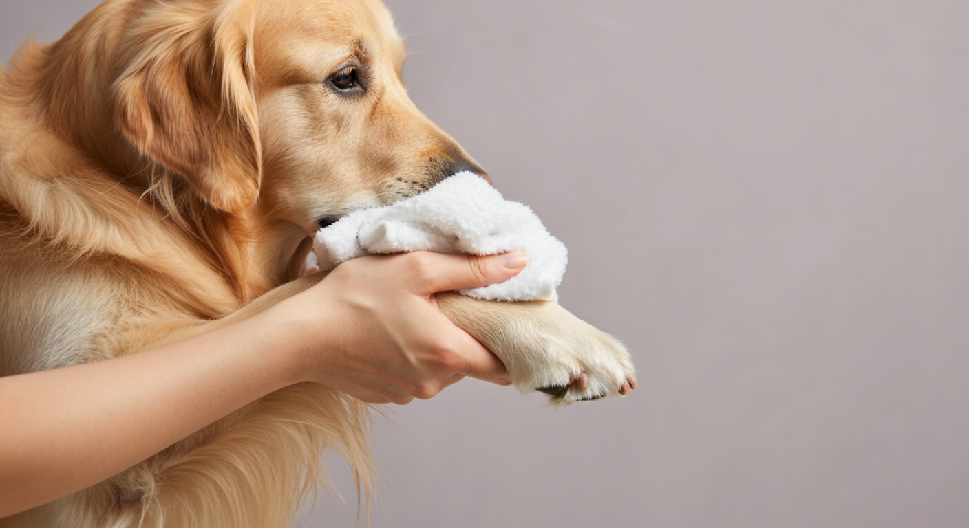 飼い主が白い布で犬の足を優しく拭いている様子のクローズアップ。