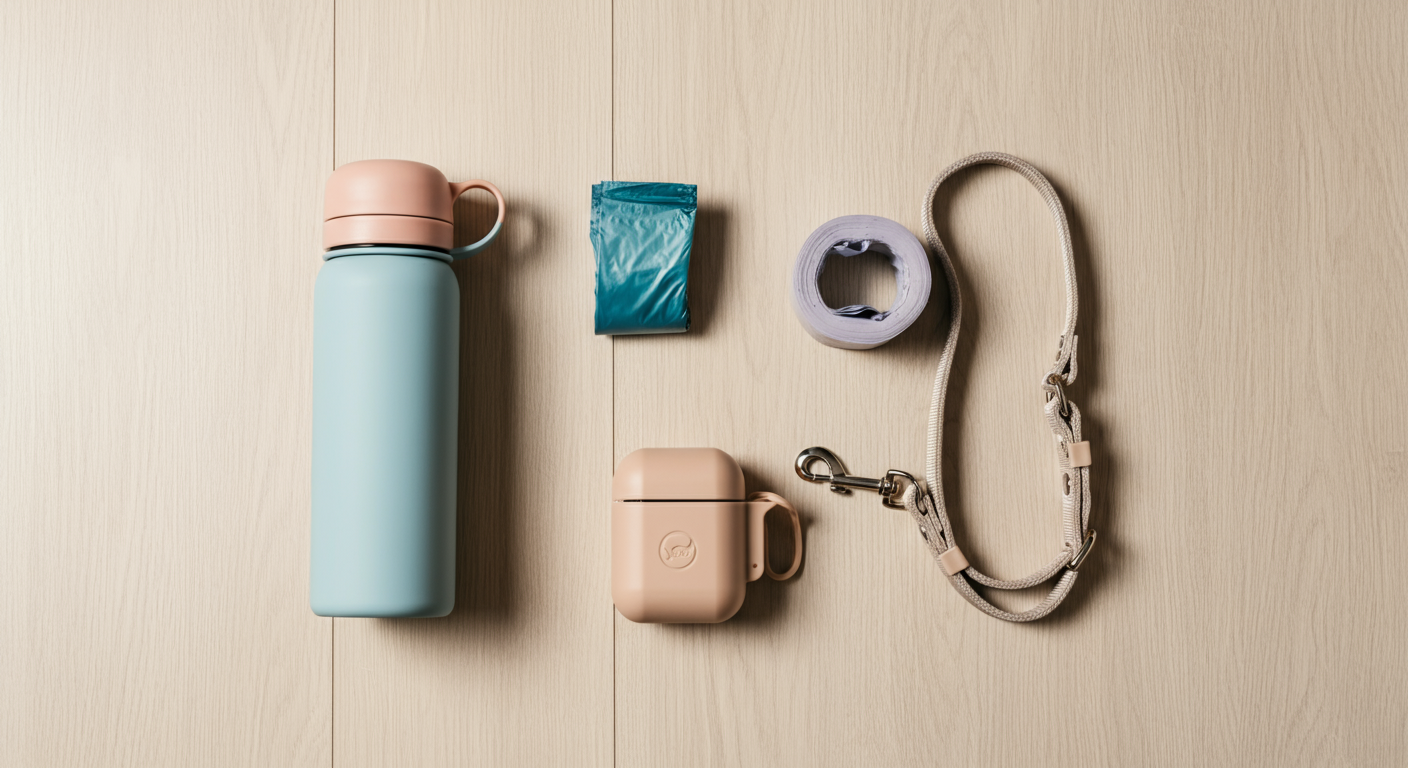 ドッグランの必需品である水筒、うんち袋、リードが並べられた写真