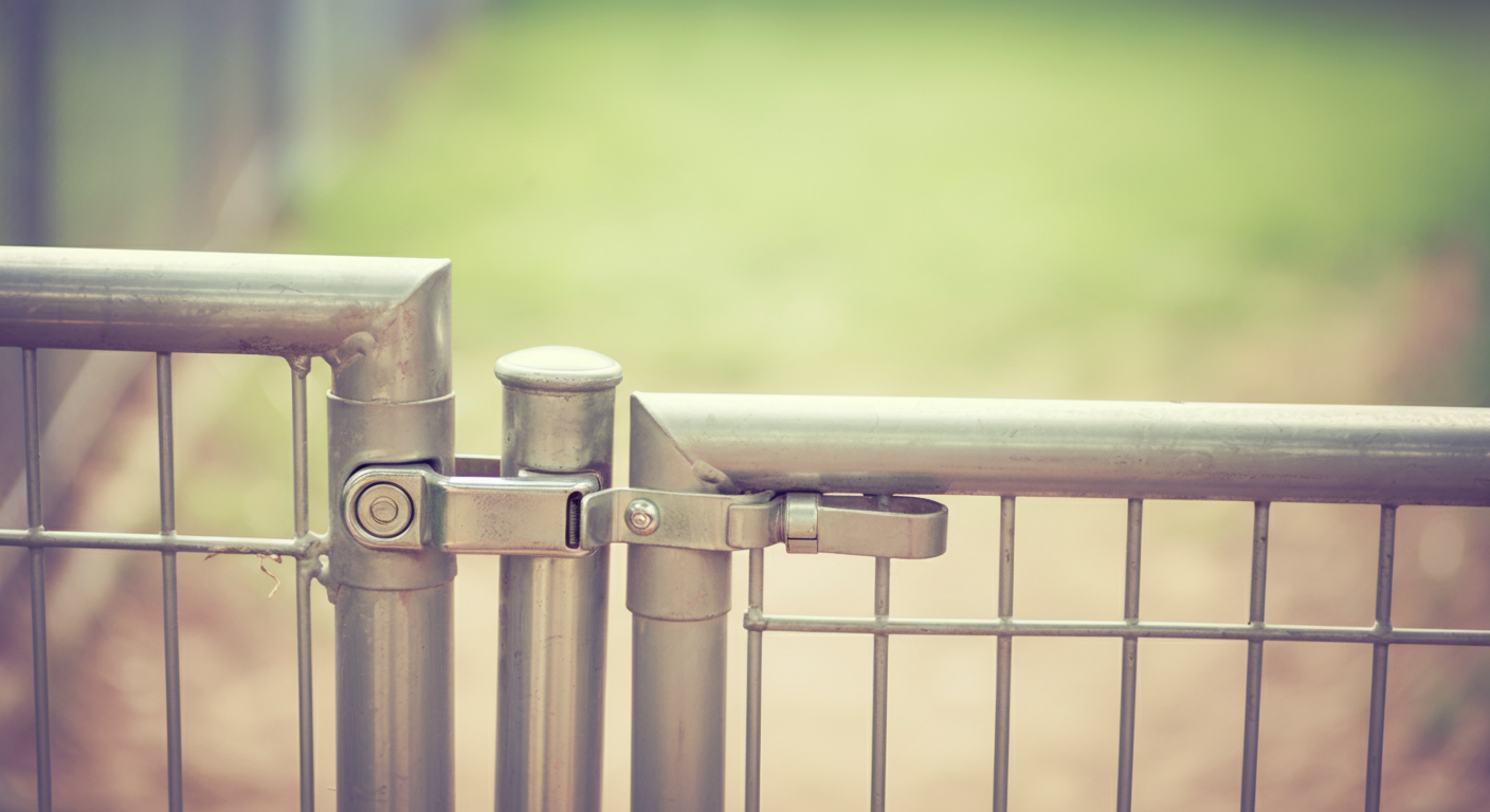 ドッグランの入り口のドア(二重扉)の取っ手部分のクローズアップ。安全管理の象徴。