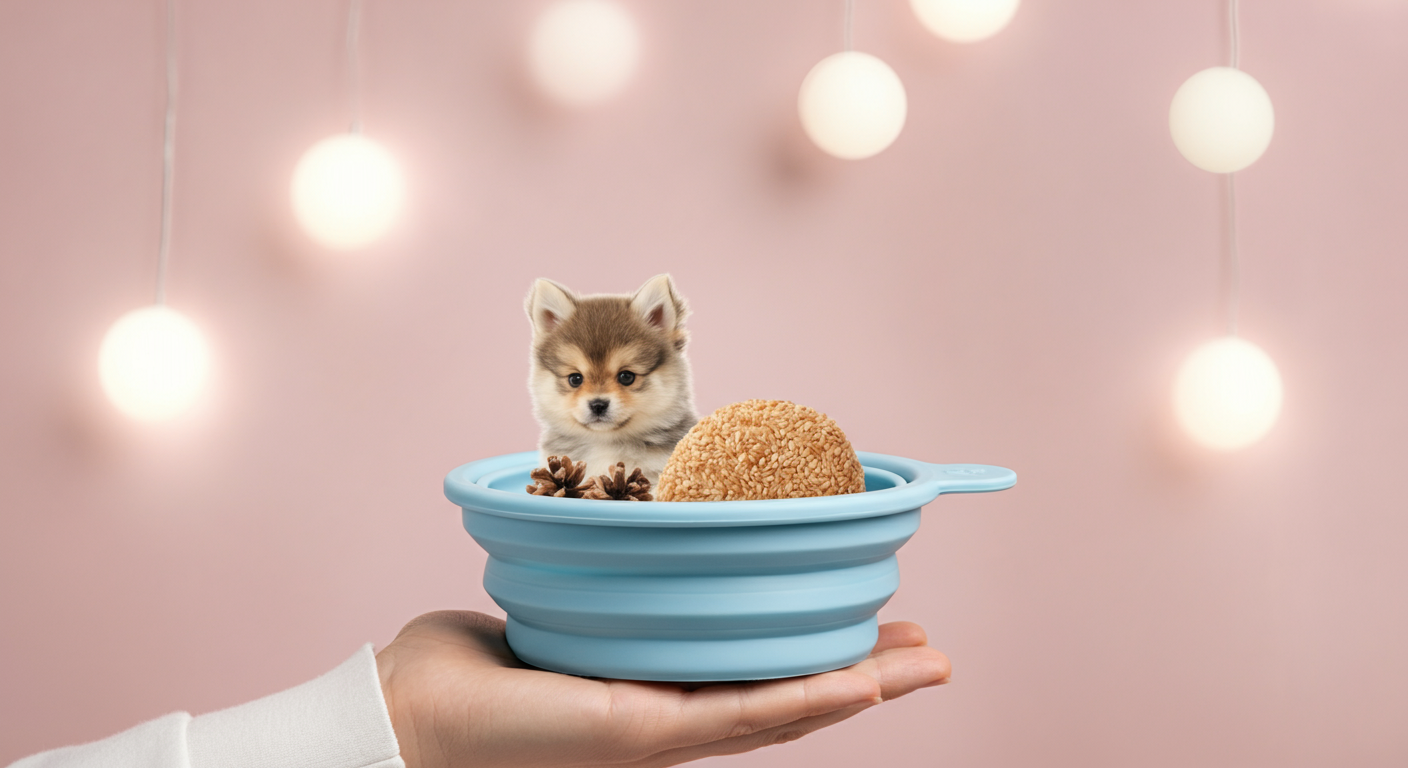 パステルカラーの折りたたみ式シリコン製ドッグボウルを手に持っている、ミニマルでおしゃれな写真。