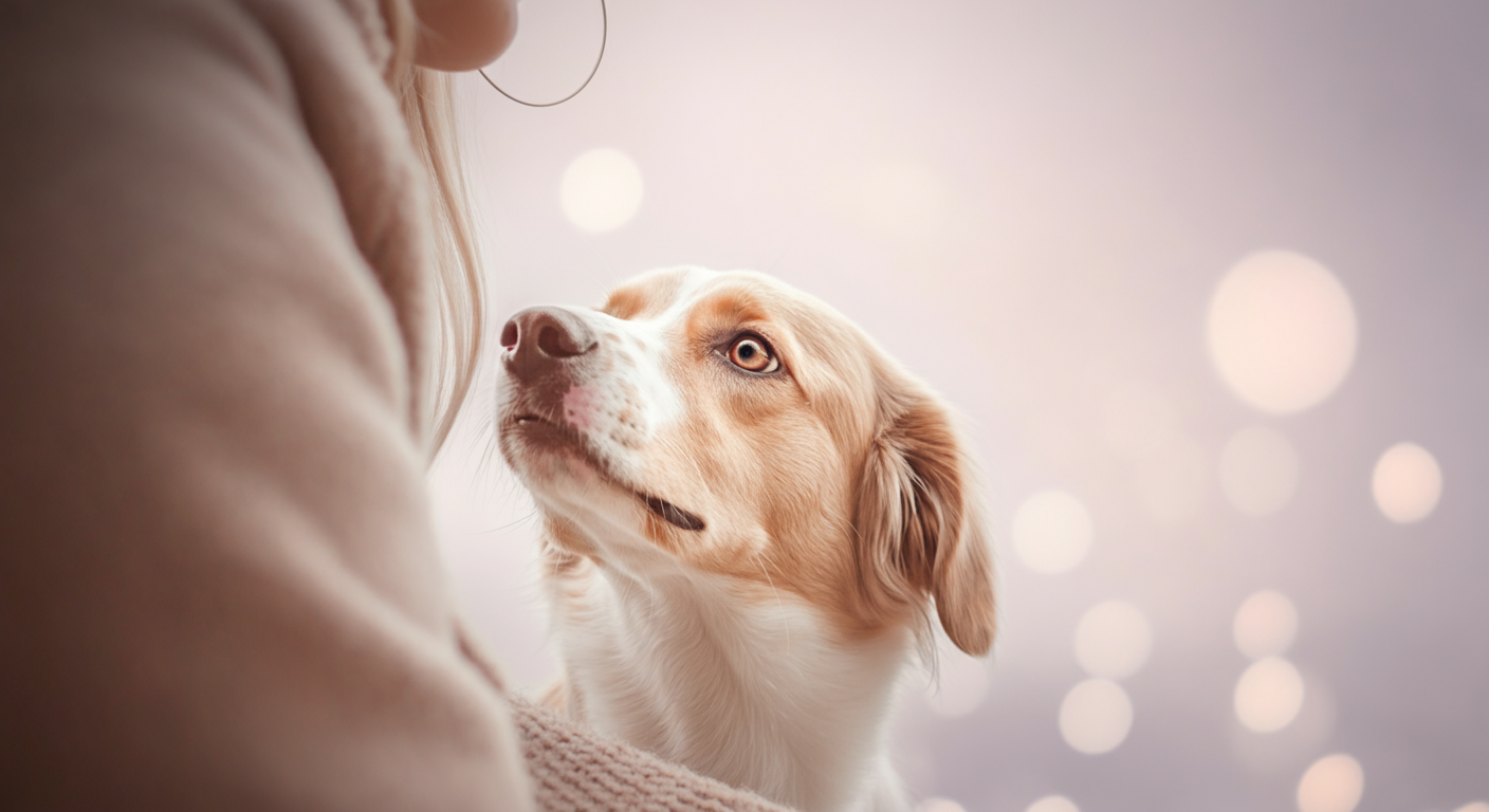 飼い主を信頼しきった表情で見上げている犬の瞳のクローズアップ写真。