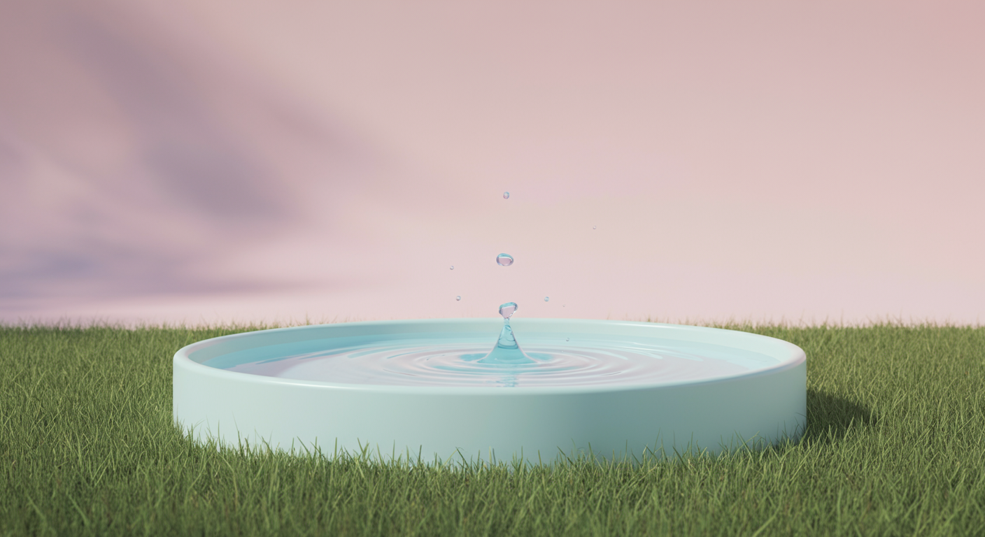 パステルカラーの芝生の上に置かれた綺麗な水入れ。水面に輪が一つ広がっており、犬が水を飲んだ後の静けさを感じさせる。