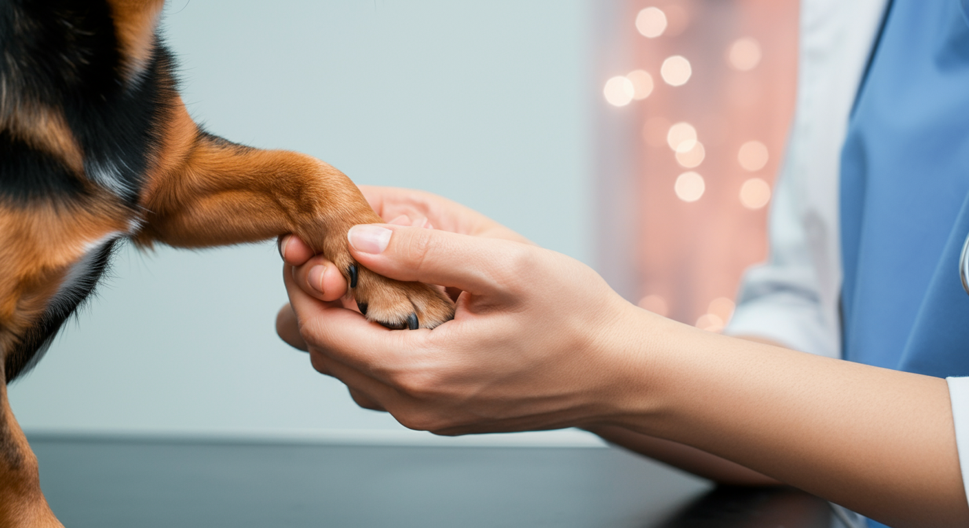 獣医師が犬の体を優しく診察している手元のクローズアップ写真。