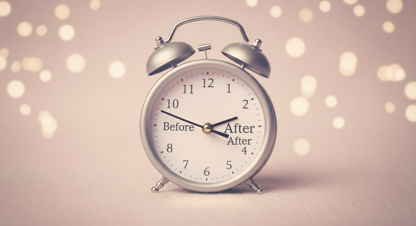 「前」と「後」を指す、肉球の形をした針を持つシンプルな時計の文字盤のミニマルな写真。