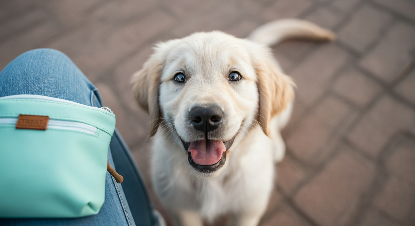 飼い主を見上げるゴールデンレトリバーの子犬。飼い主の腰にはミントグリーンのトリーツポーチが付けられている。
