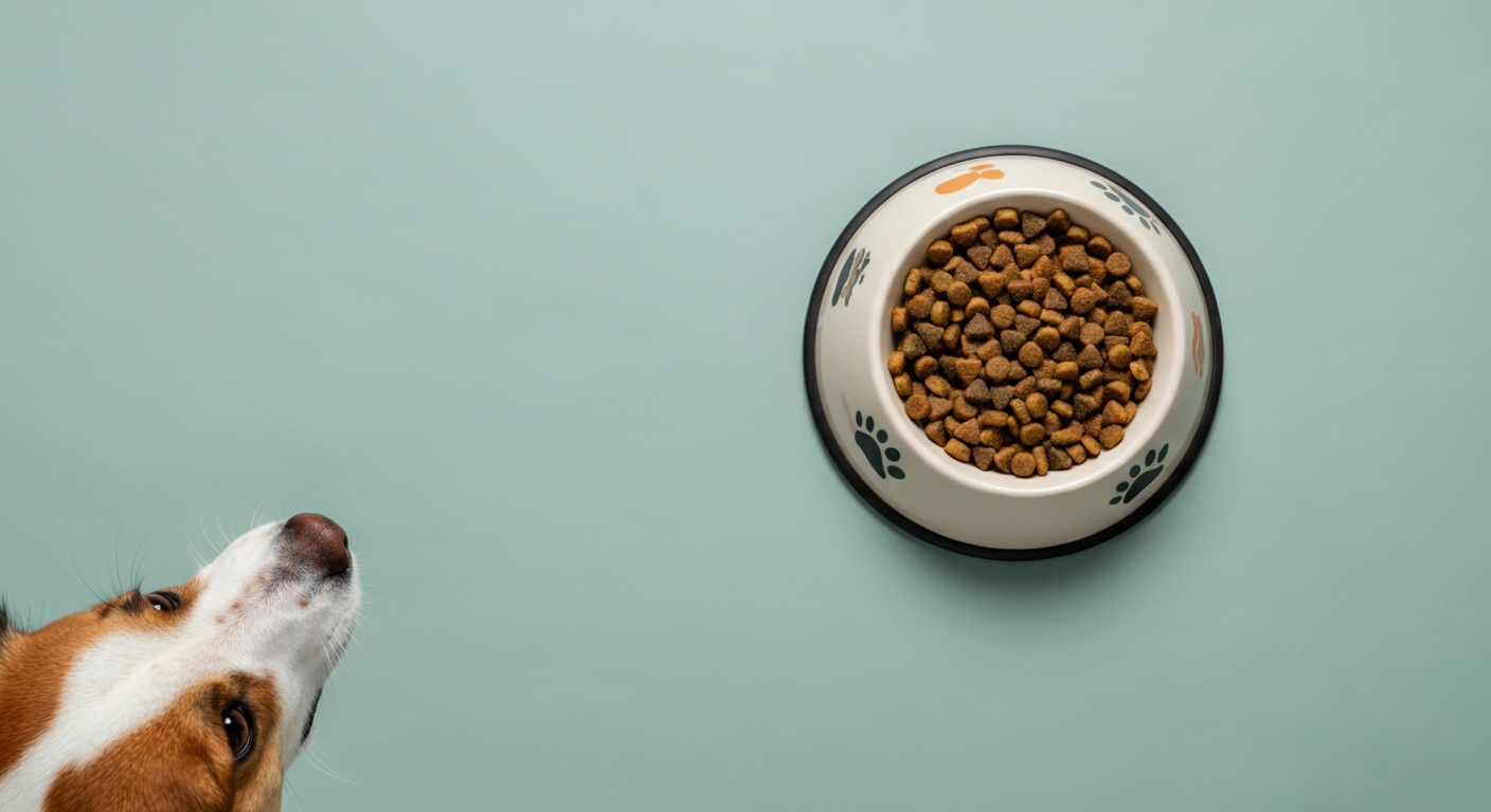 栄養価の高いフードが入ったボウルを、静かに待っている犬の鼻先。