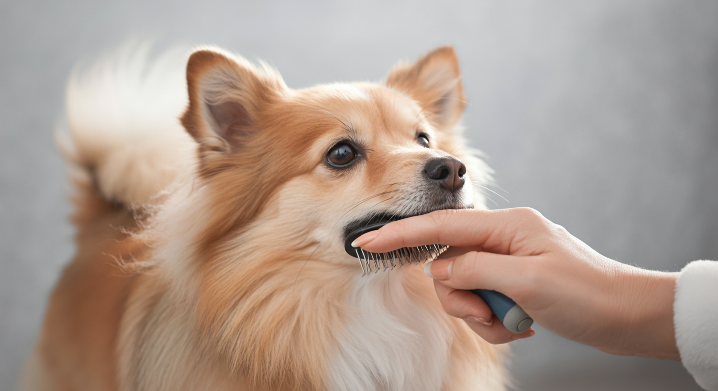 飼い主が散歩から帰ってきた犬の毛並みを、柔らかいブラシで優しくブラッシングしている様子のクローズアップ写真。