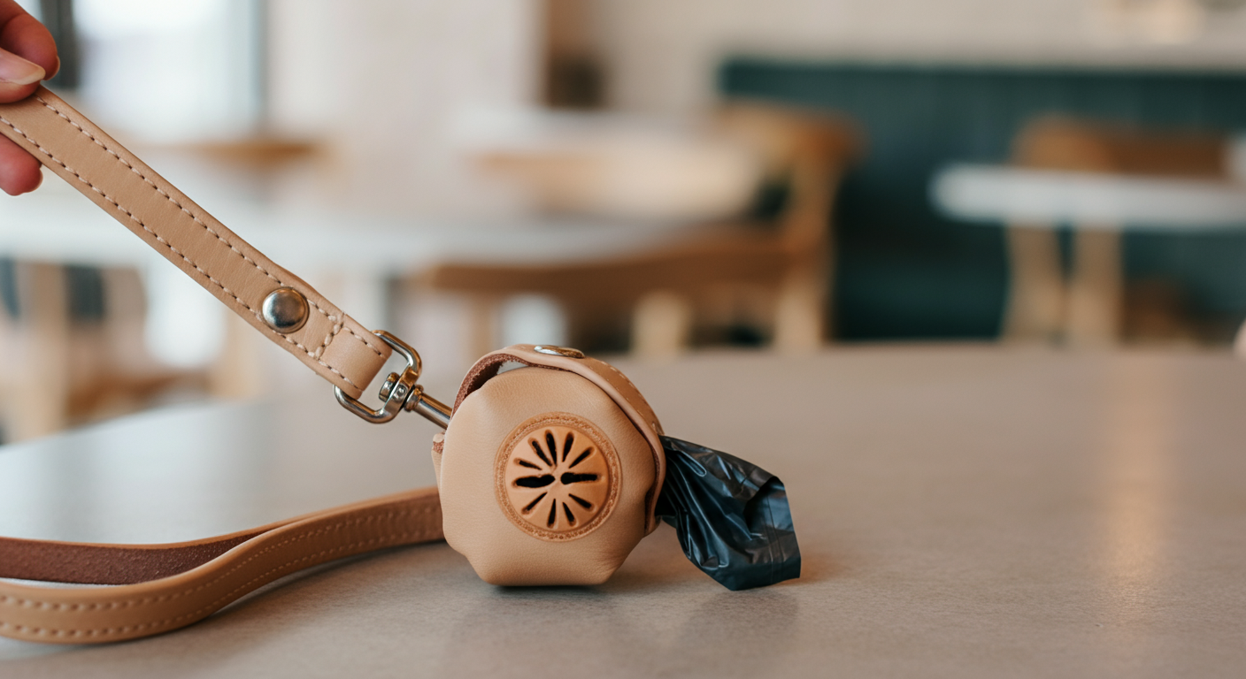 革製のリードの持ち手に、同素材で作られた洗練されたデザインのうんち袋ケースが取り付けられているクローズアップ写真。
