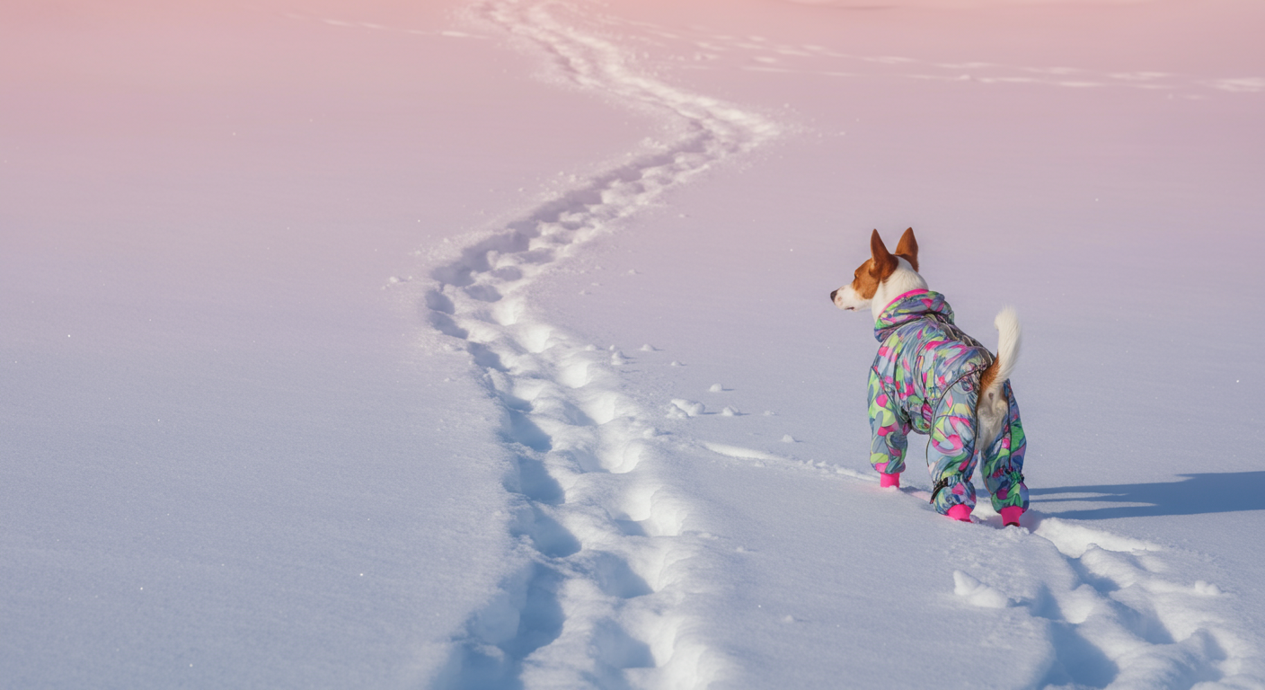 雪が積もった地面についた犬の足跡と、雪の中でも目立つ明るい色のスノーウェアの一部。