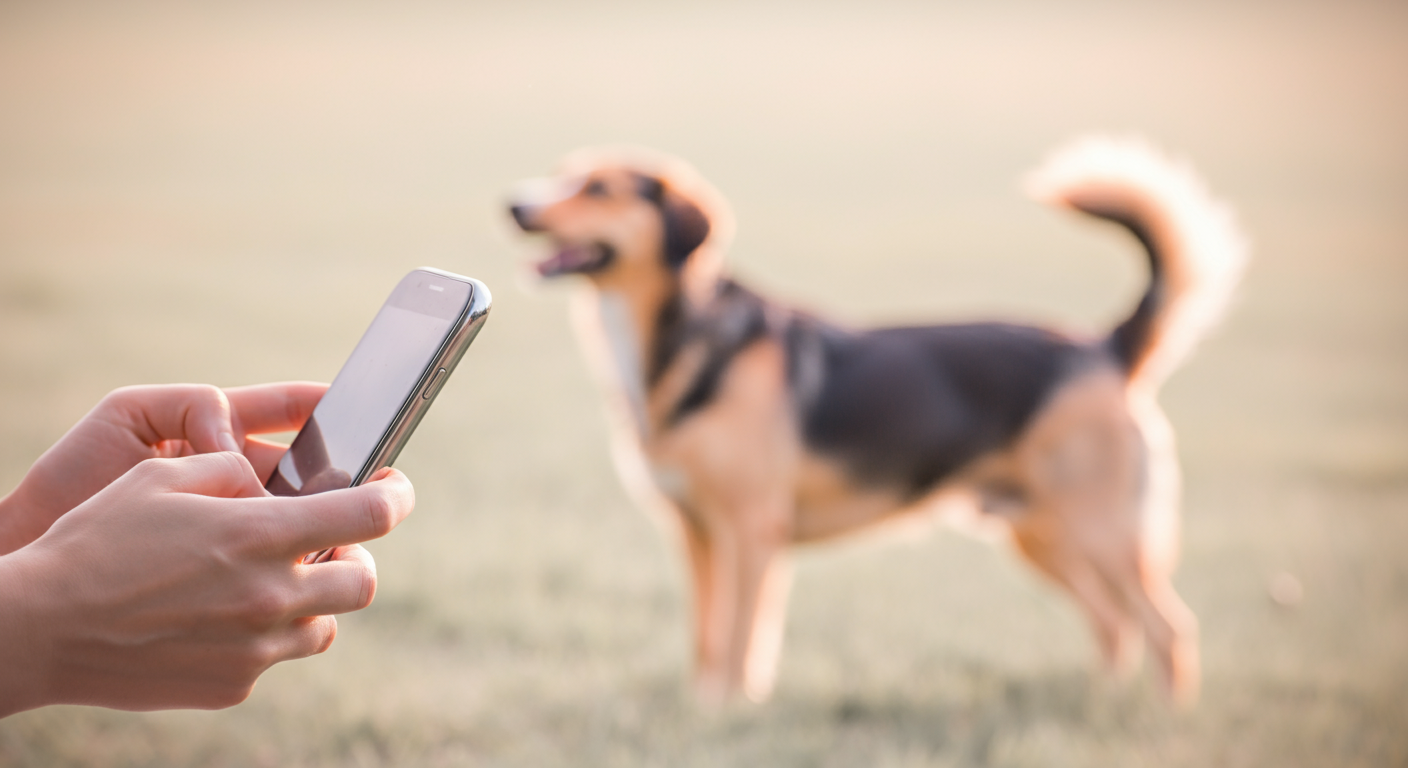 スマートフォンを見る飼い主と、その後ろで遊ぶ犬