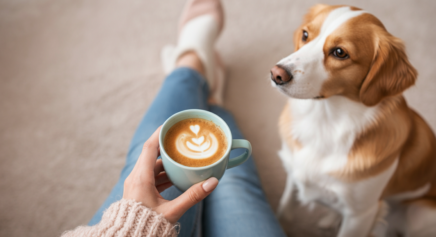 コーヒーカップを持つリラックスした人の手と、その足元で穏やかに座っている犬の姿を写した抽象的な写真。