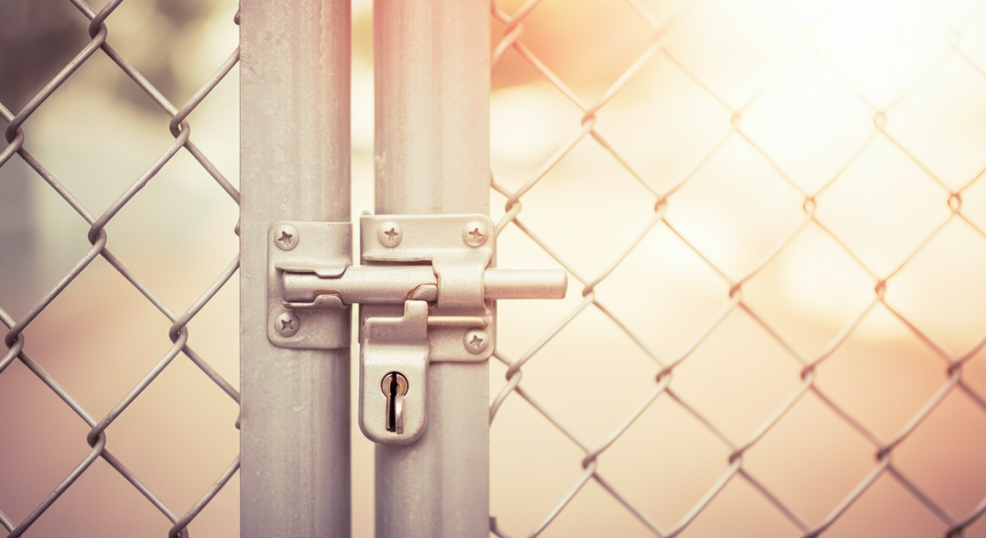 ドッグランの出口にあるフェンスの金具部分のクローズアップ