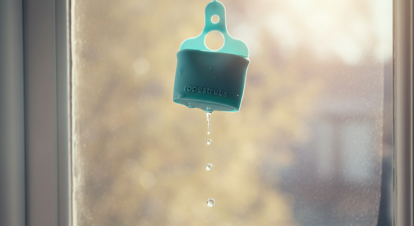 窓際で洗い立てのシリコン製トリーツポーチが乾かされているクリーンな写真。先端から水滴が落ちそうになっている。