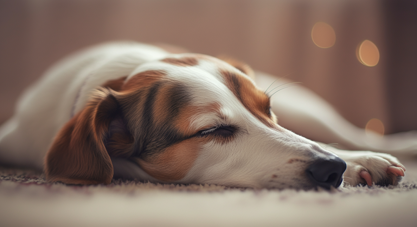 パステルカラーのミニマルな空間で、ラグの上でぐっすり眠る犬の体の一部。疲れて休んでいる様子。