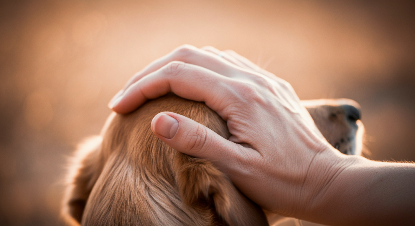 犬の頭を優しく撫でている飼い主の手。愛情と許しを伝える、心温まる写真。