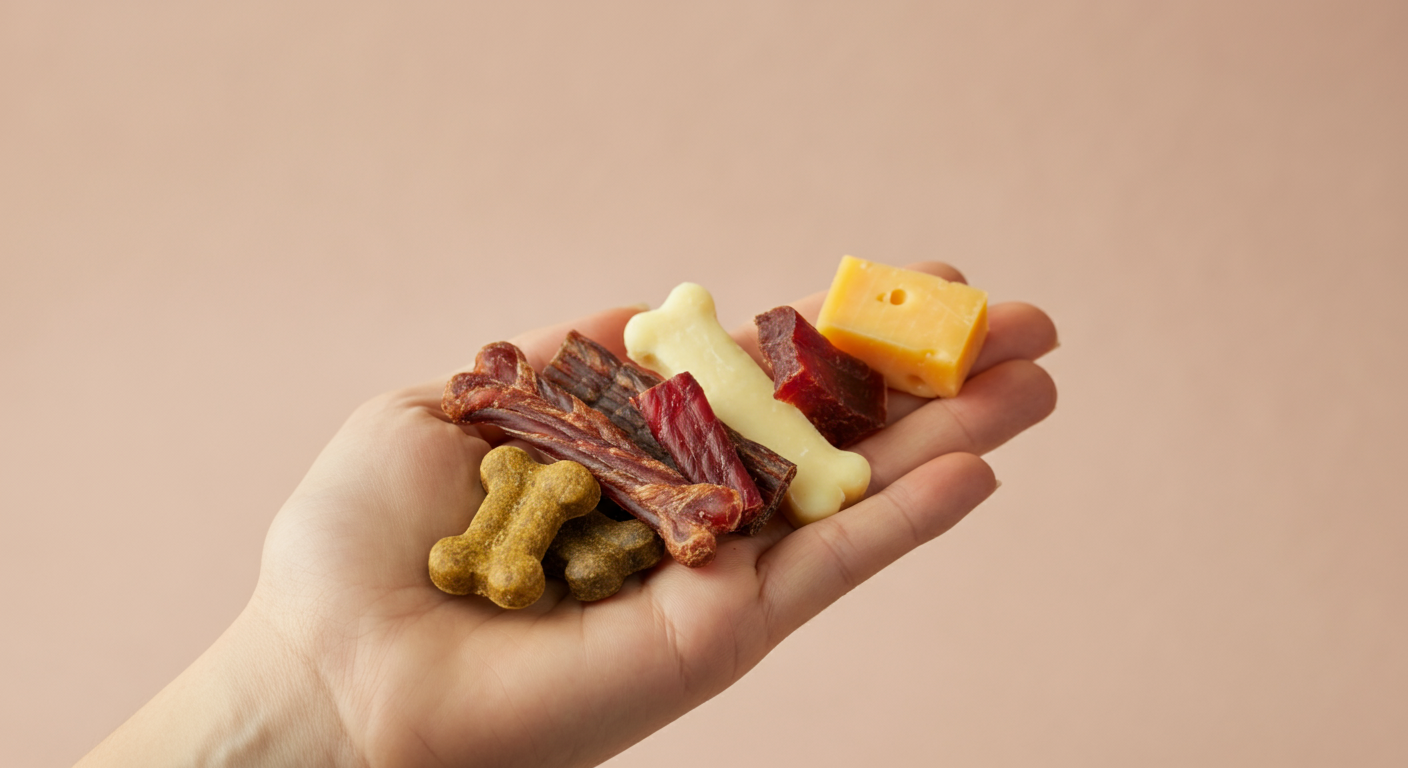 ジャーキーやチーズなど、数種類の特別なおやつを手に乗せたマクロ写真。ミニマルで美しい構図。