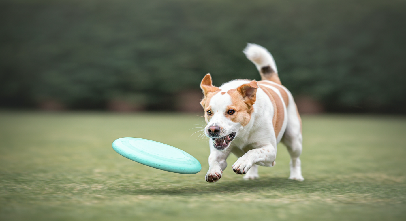 地面を転がるフリスビーを真剣な眼差しで追いかける犬の足元にフォーカスした写真。