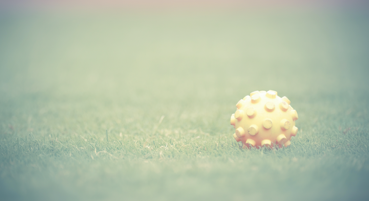 緑の芝生の上にポツンと置かれた、パステルカラーの犬用おもちゃ。