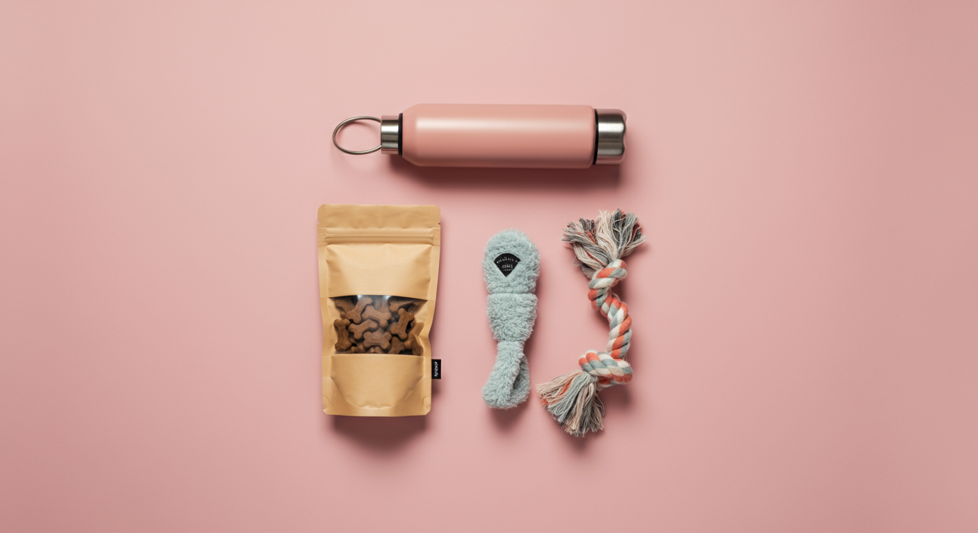 パステルピンクの背景にきれいに並べられた、犬用の水筒、おやつの入ったポーチ、お気に入りのおもちゃ。