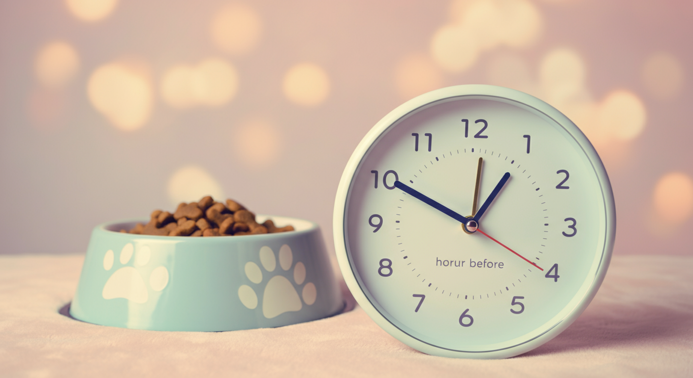 パステルカラーの背景に、犬用の食器と時計が置かれている抽象的な写真。遊びの前の穏やかな時間を示唆している。