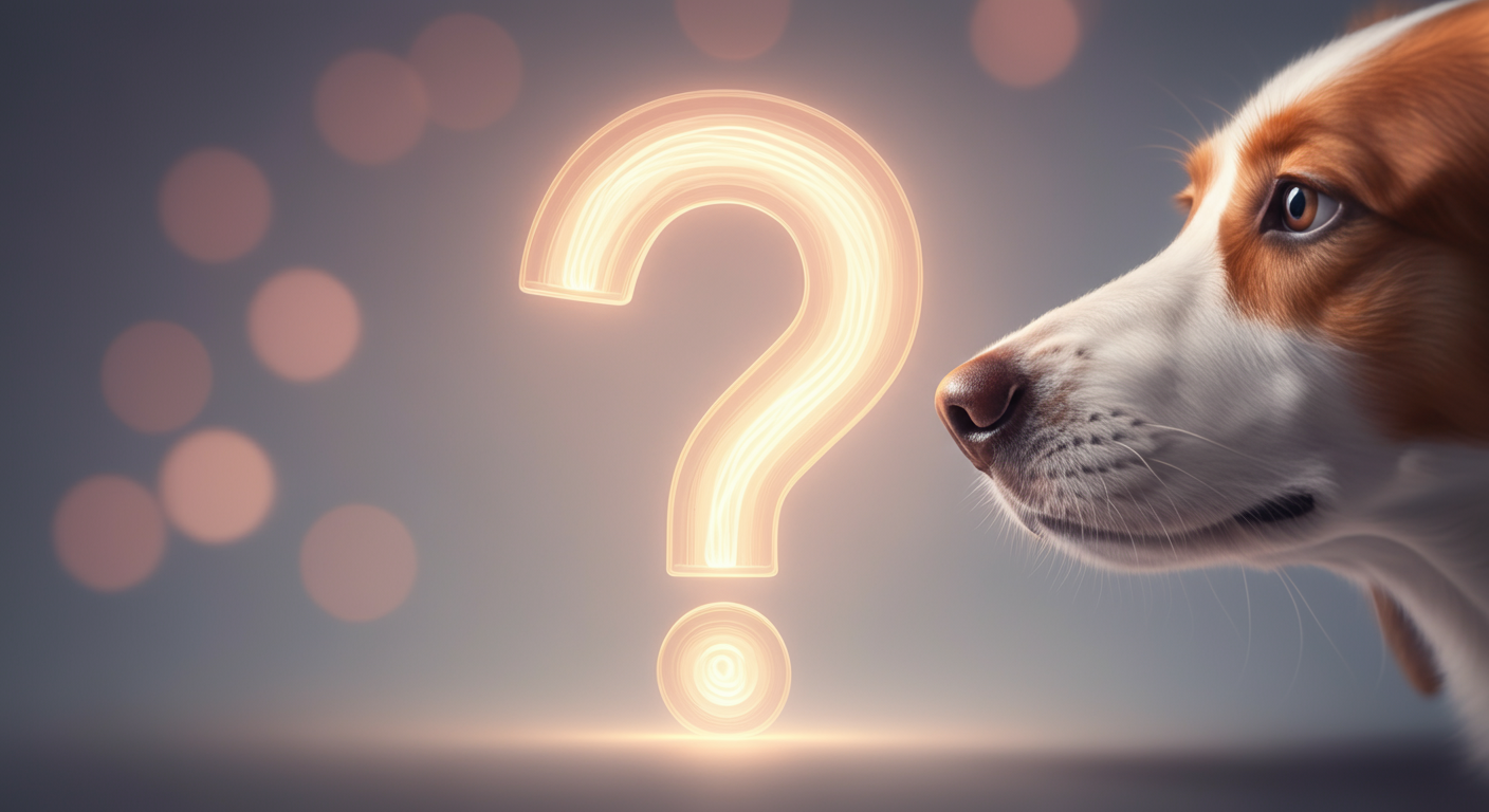 光で描かれたクエスチョンマークの周りを、犬が不思議そうに嗅いでいる抽象的な写真。