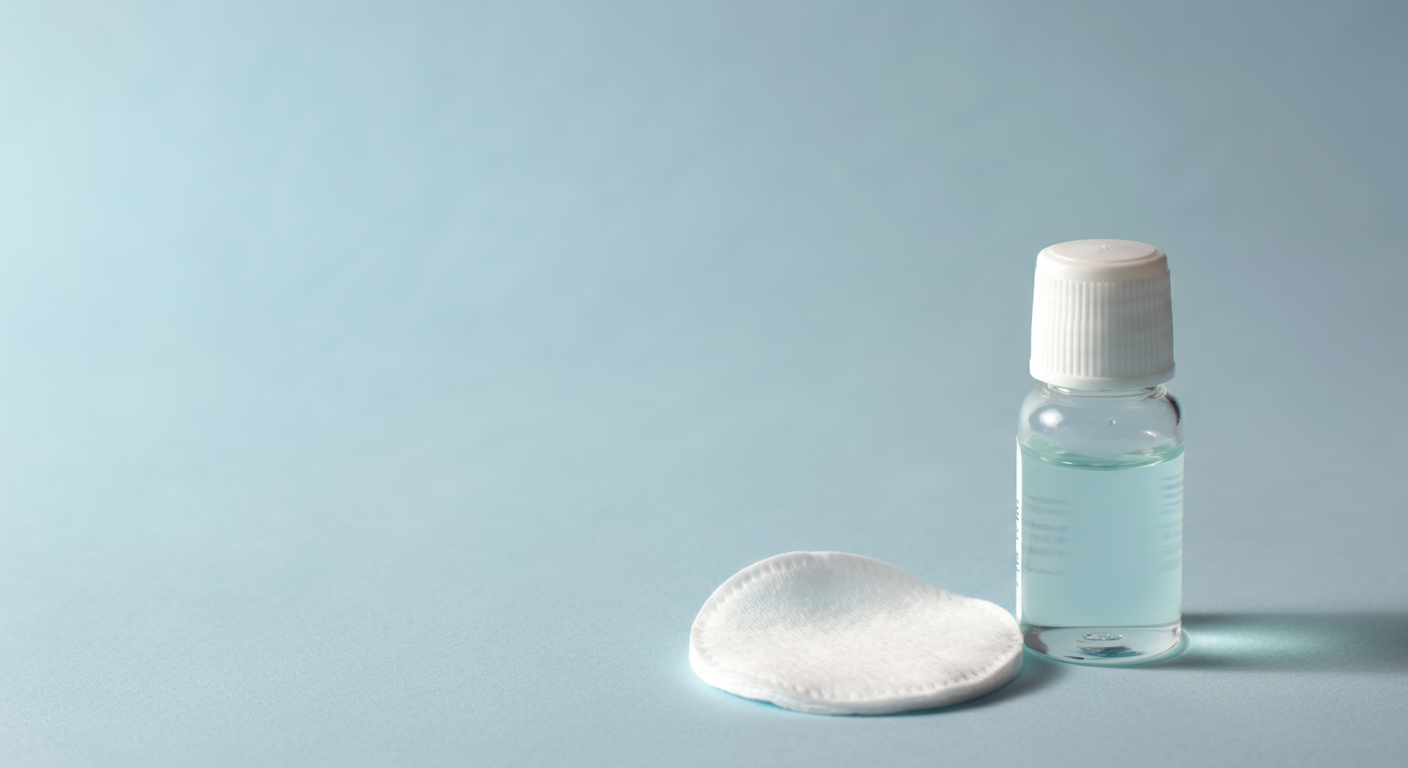 柔らかな光の中で、消毒液とコットンがクローズアップされている。清潔感と安心感を表現している。