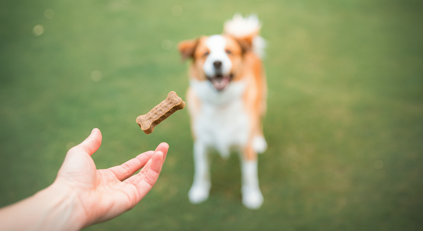 飼い主が緑の芝生の上でおやつを投げ、犬が楽しそうに待っている。おやつにピントが合ったポジティブな写真。