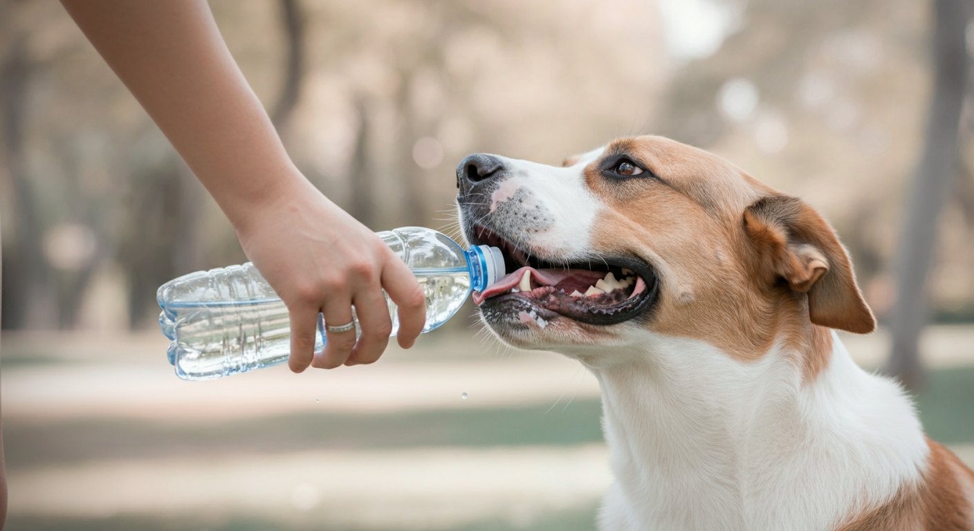 公園のベンチのそばで、飼い主が差し出す給水ボトルから大型犬が楽しそうに水を飲んでいる。背景は美しくぼけている。