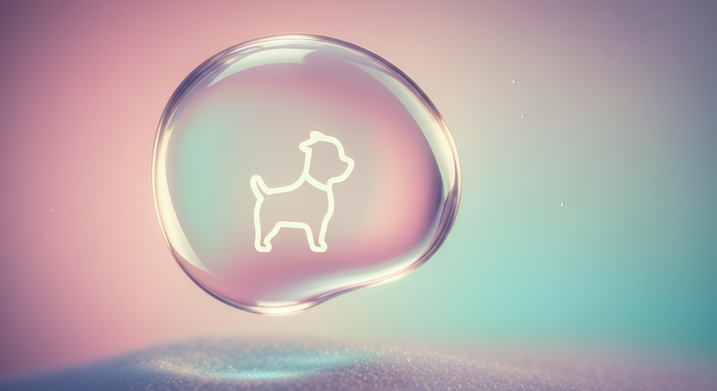 犬のシルエットの上に浮かぶ、光る保護バブルの抽象的なイメージ。パステルカラーのミニマルな写真。