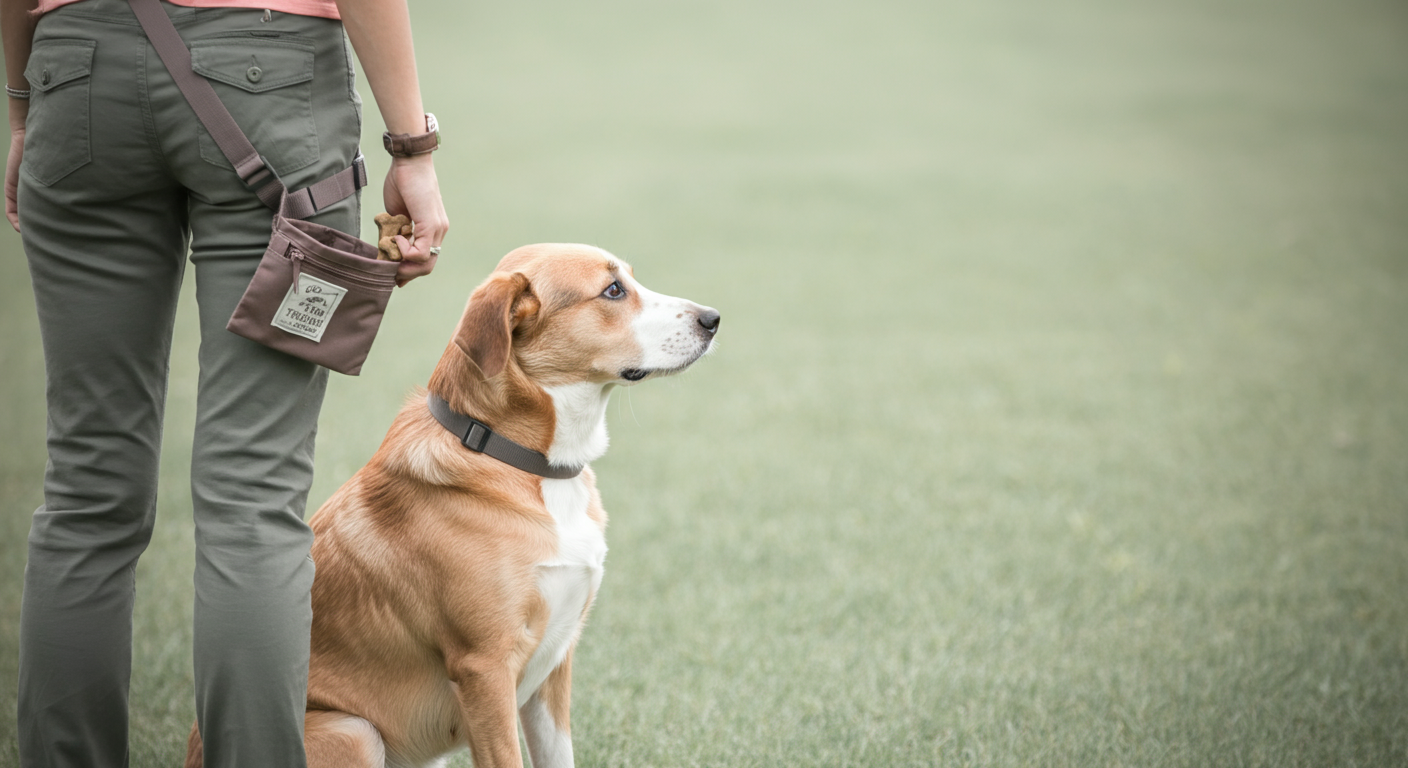 お座りして、飼い主の腰にあるトリーツポーチをじっと見つめている犬。期待に満ちた集中した瞬間を捉えている。