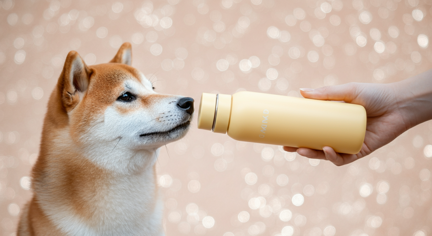 人の手が差し出す黄色の給水ボトルから、少し顔をそむける柴犬のソフトフォーカス写真。