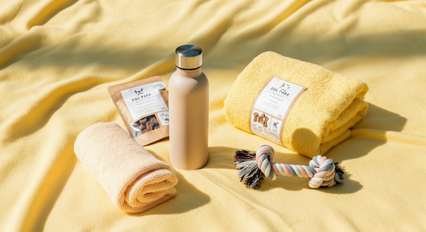 パステルイエローの布の上に、犬用の給水ボトル、おもちゃ、タオル、おやつが綺麗に並べられている。
