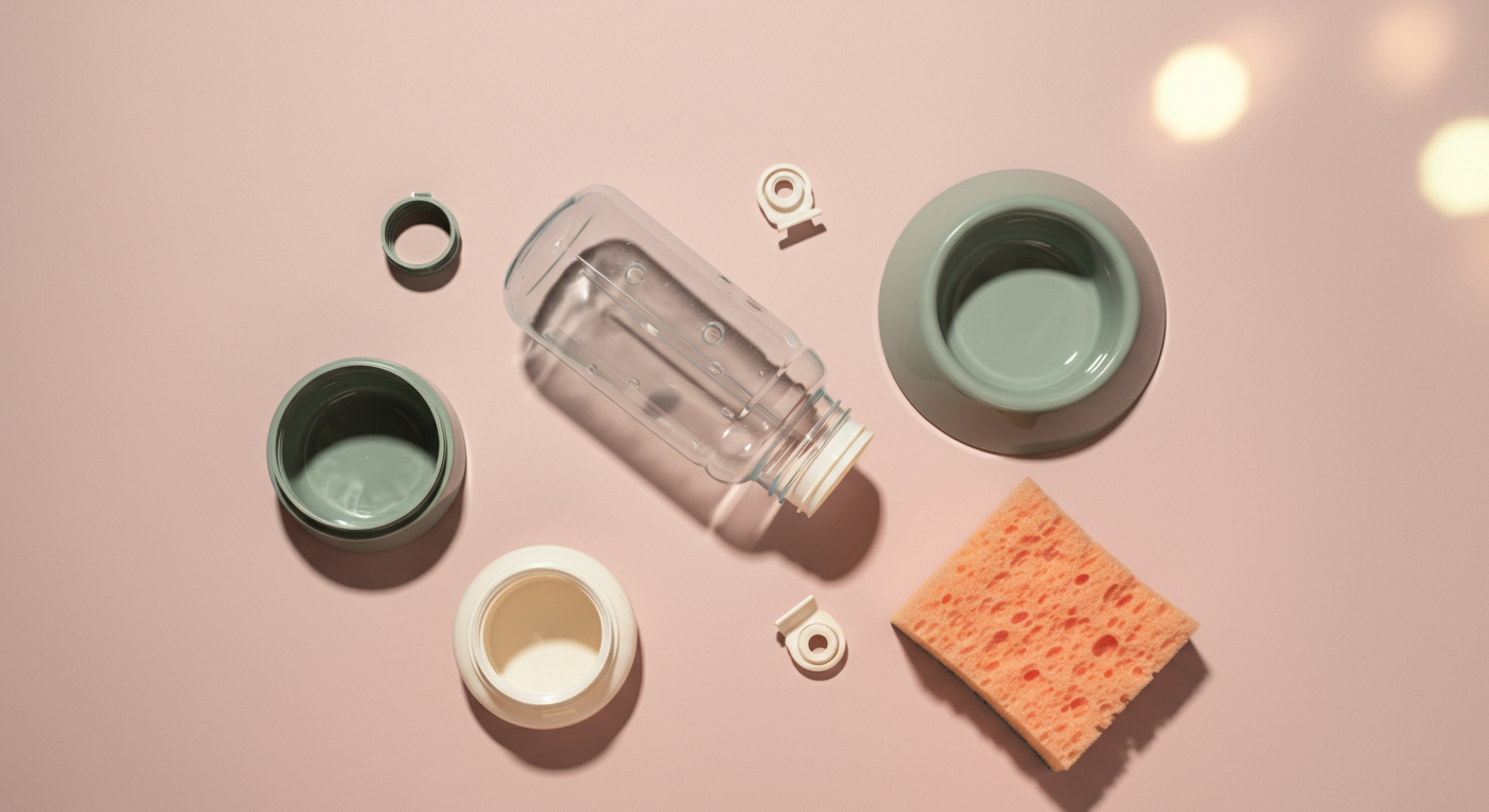 分解された犬用給水ボトルのパーツと洗浄用スポンジが綺麗に並べられている。