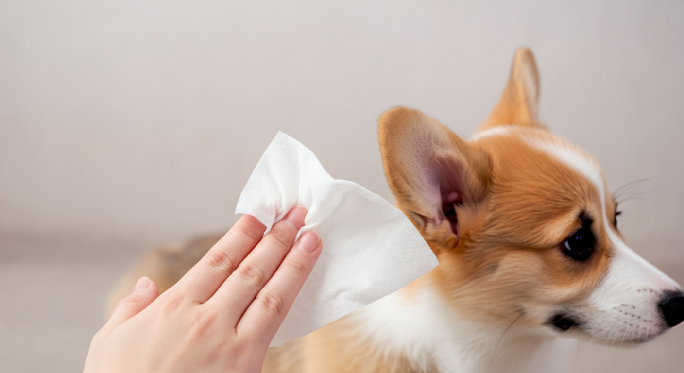 コーギーの子犬の耳のそばで、人が犬用ウェットティッシュを一枚優しく持っている様子のクローズアップ写真。