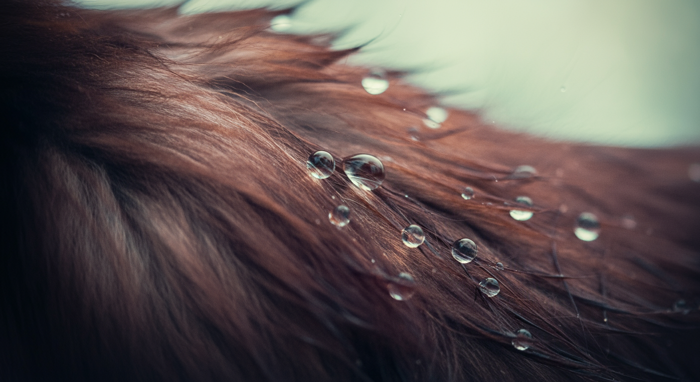 犬の黒い毛の先端についた水滴のマクロ写真。