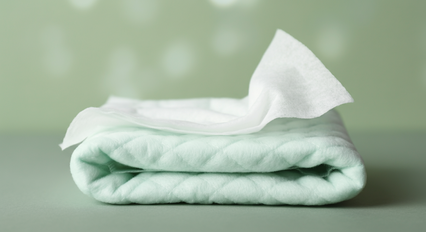 厚手で丈夫なウェットティッシュの質感を強調したマクロ写真。信頼性と快適さを表現。