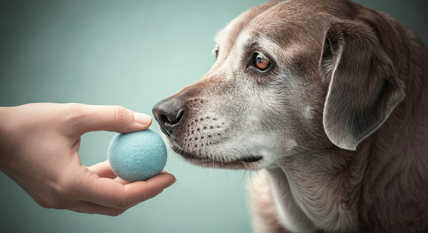 人間の手が、シニア犬の鼻先に優しくボールを差し出している様子。