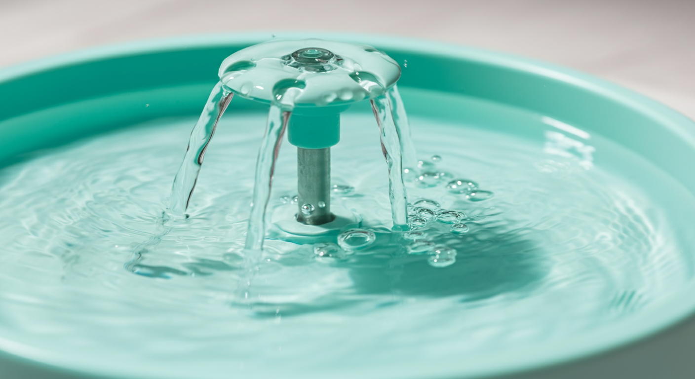 パステルミントグリーンのペット用循環式給水器の中央から、水が優しく湧き出している様子をマクロ撮影した抽象的な写真。