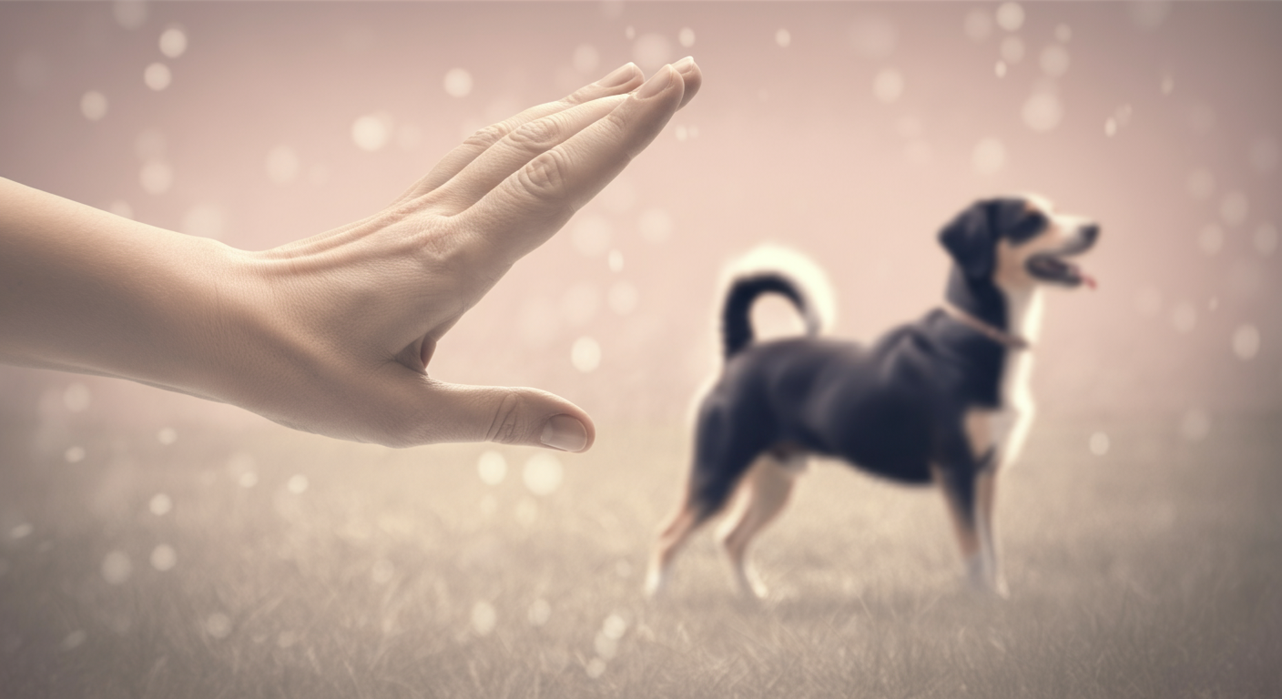 遊びがヒートアップしている犬たちの間に、飼い主がそっと手を入れて制している様子の抽象的な写真。