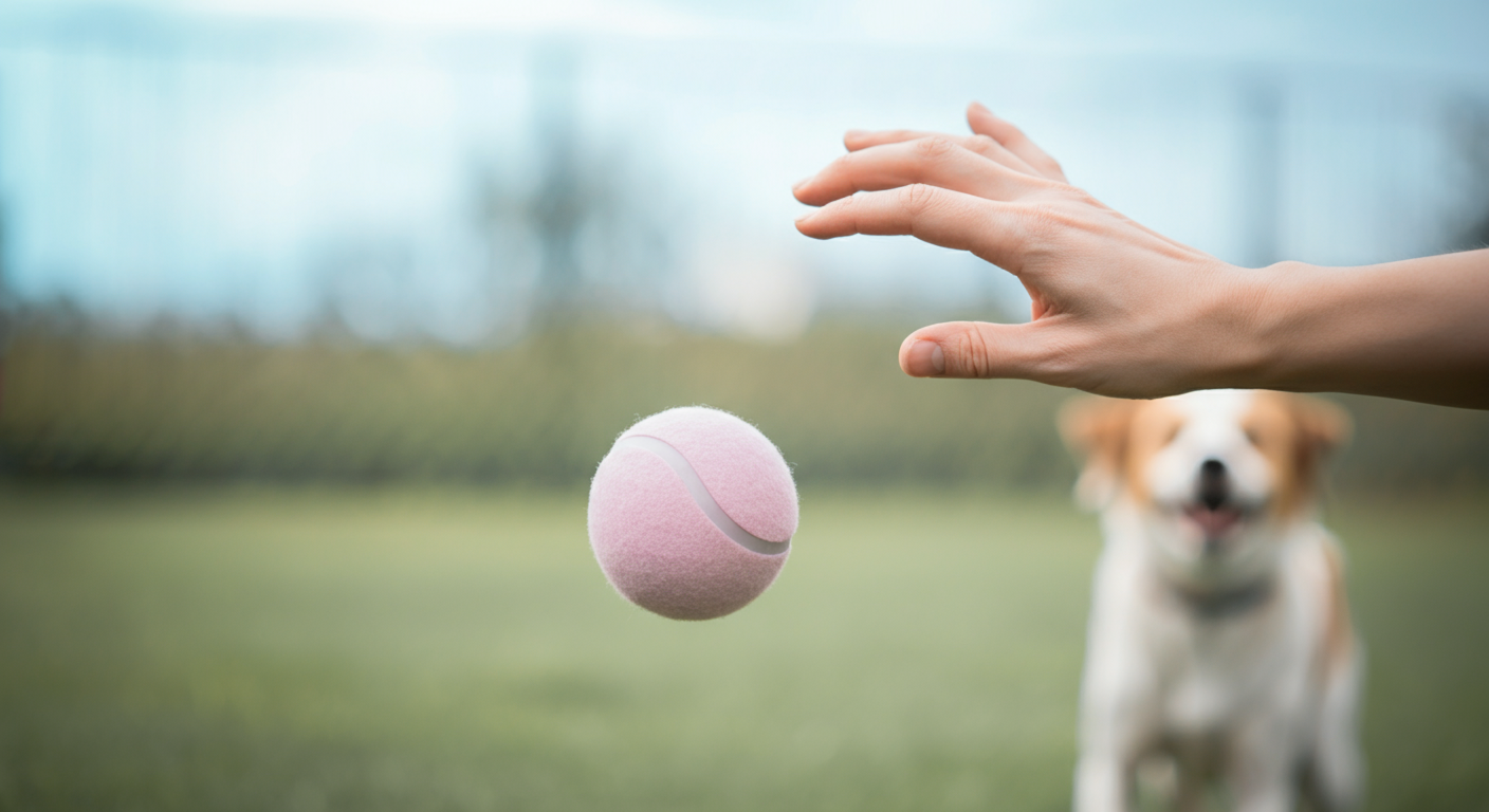 飼い主が投げたボールが空中を飛んでいる様子を捉えたアクション写真。