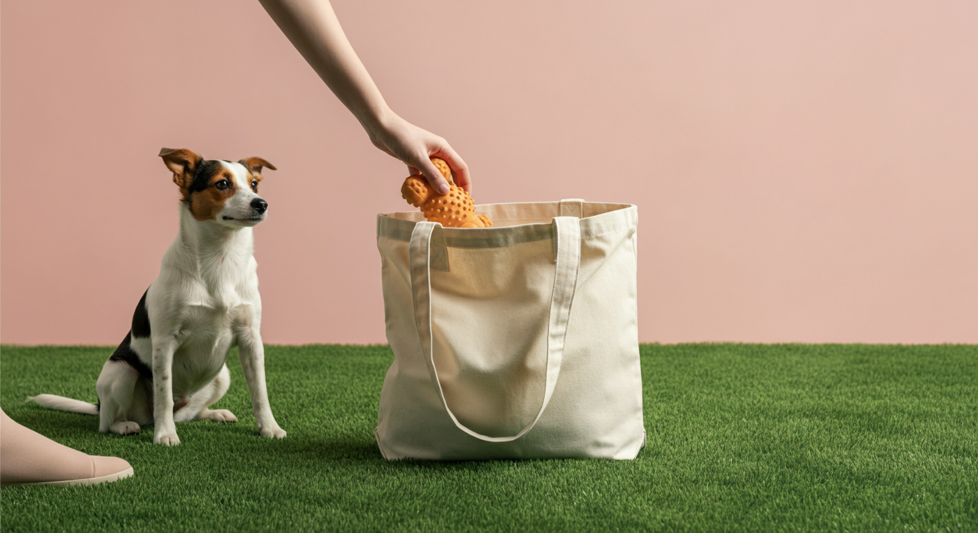 芝生の上に置かれたトートバッグに犬のおもちゃをしまっている人の手