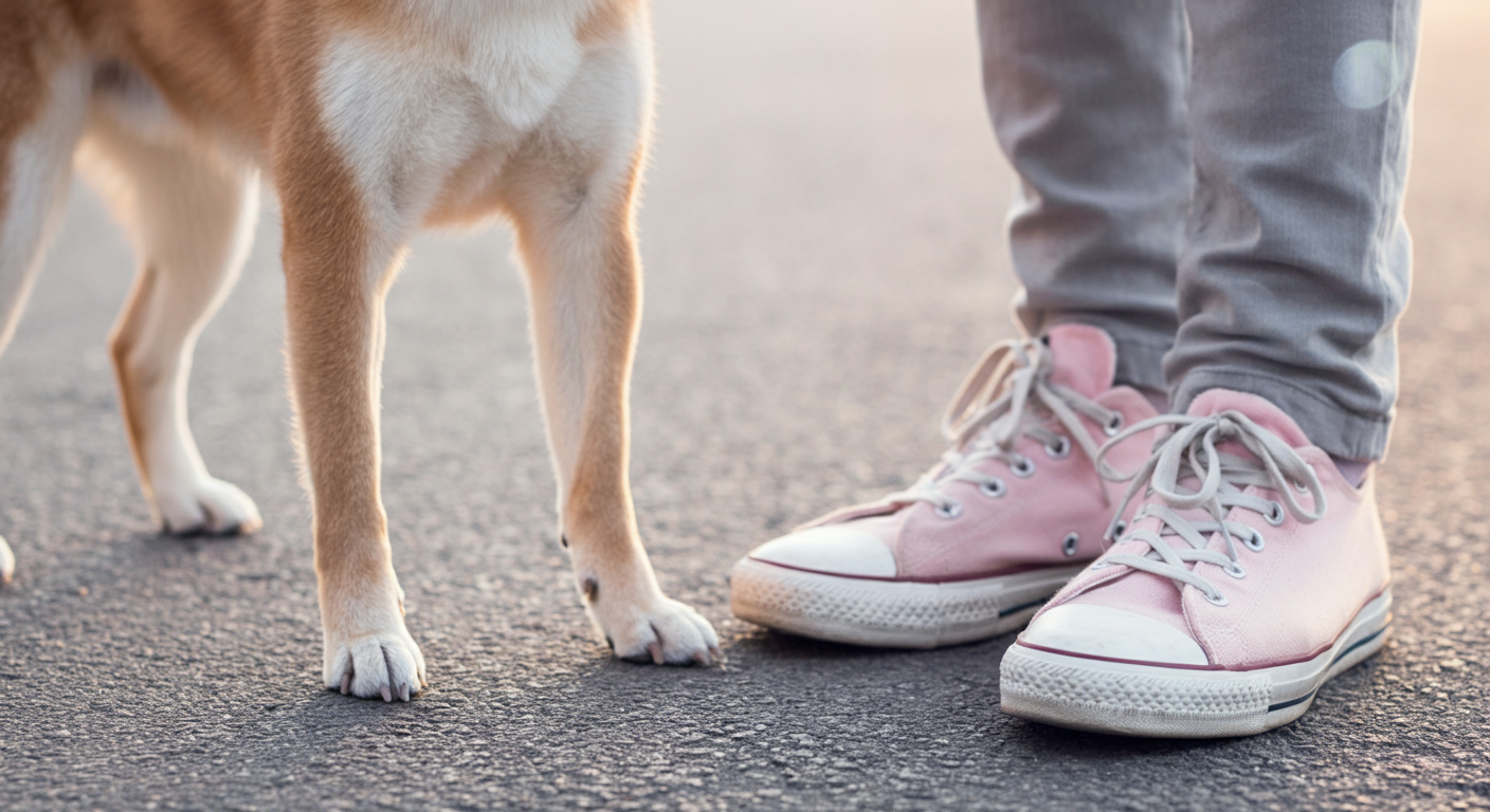 きれいな歩道の上で、飼い主のおしゃれなスニーカーと柴犬の足が並んでいるローアングル写真。
