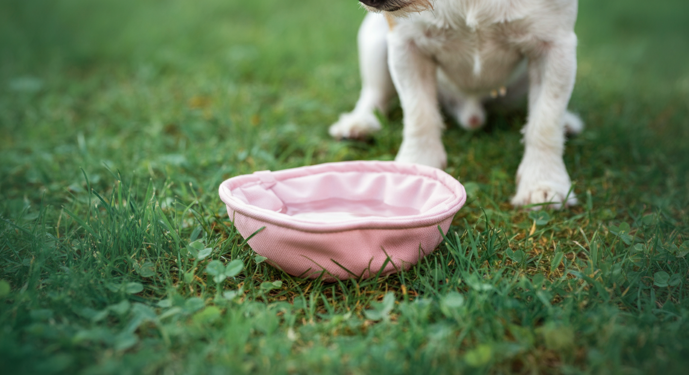 緑の芝生の上に置かれた小さなピンクの布製ボウルと犬の足