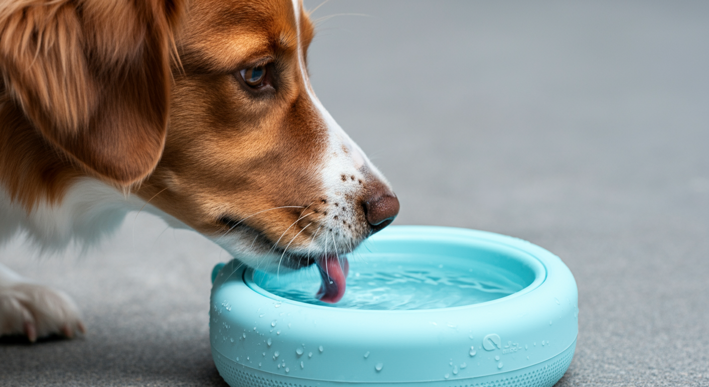 携帯用の水飲みボウルから水を飲む犬の口元をクローズアップした、みずみずしい写真。