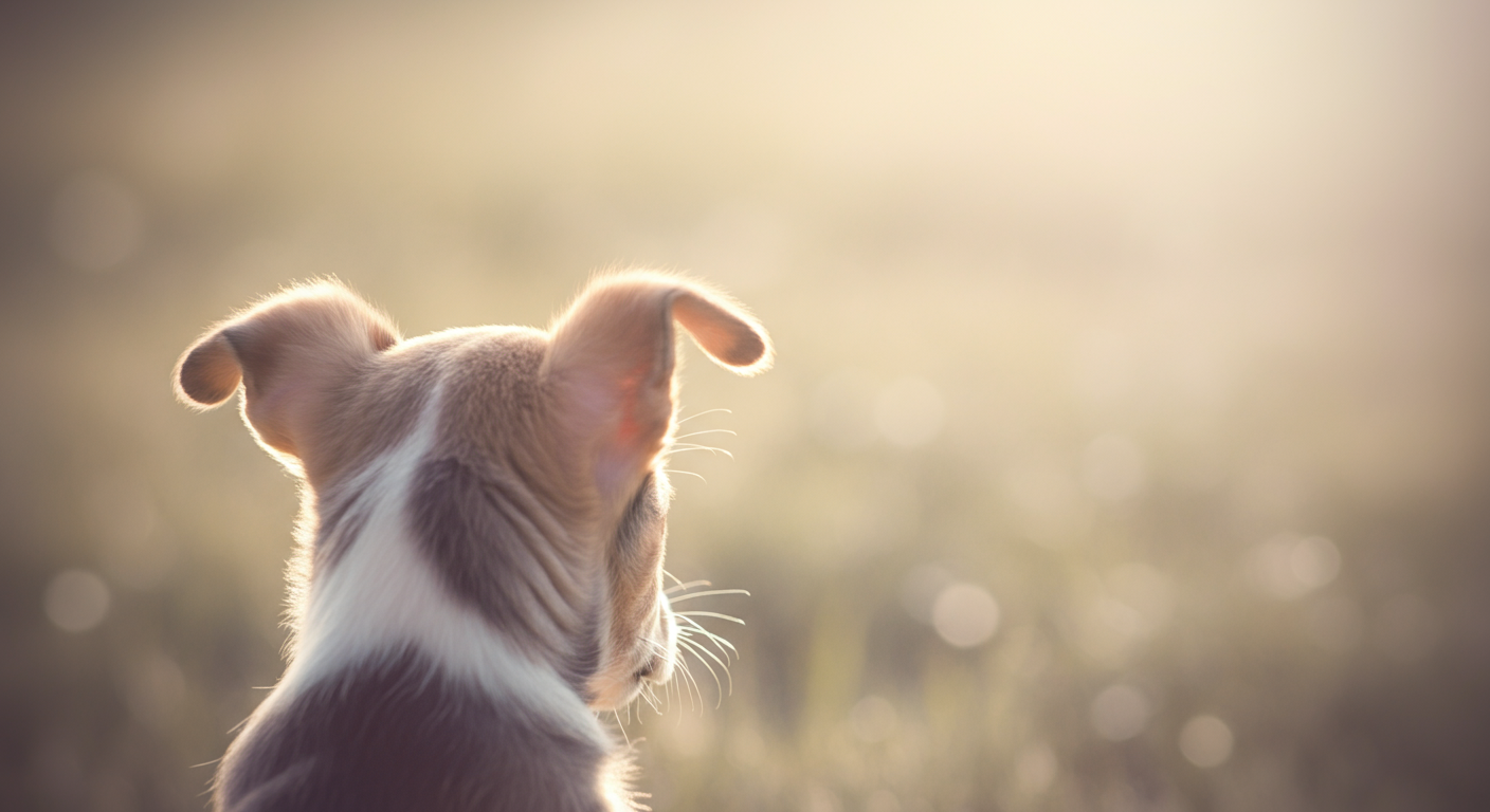 子犬の後ろ姿に焦点を当てた写真。ピンと立った小さな耳が、ぼやけた日当たりの良い野原を注意深く観察している。