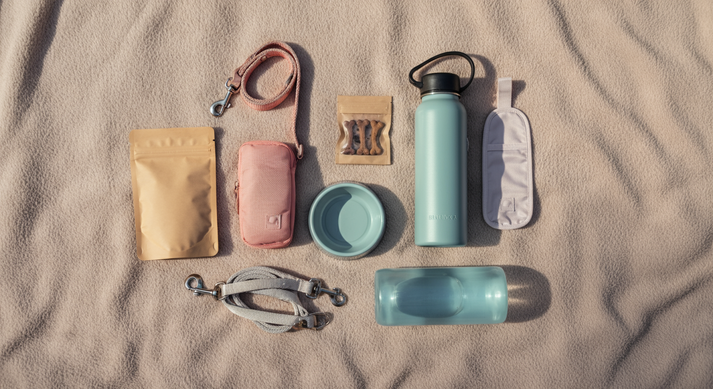 リード、水筒、お皿、おやつ入れなど、ドッグランの持ち物がおしゃれに並べられた写真。