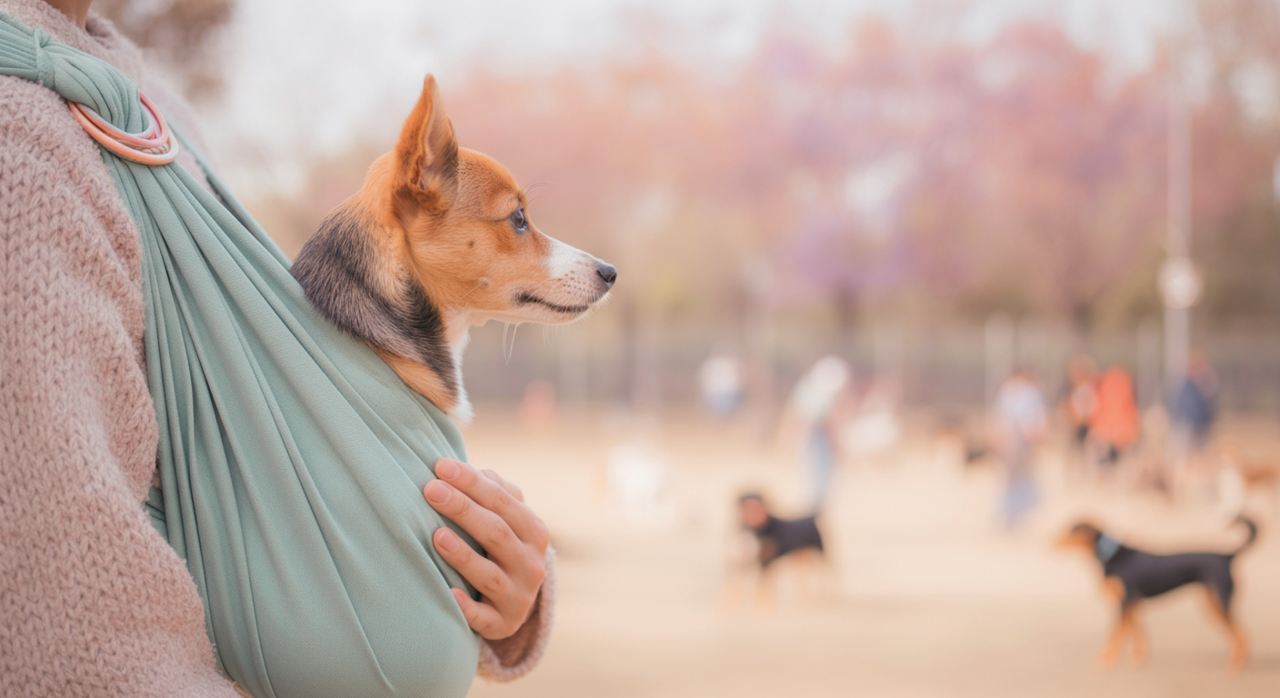 スリングに入った犬を抱いた飼い主の肩越しの視点。遠くで他の犬が遊んでいるのを静かに観察している様子。
