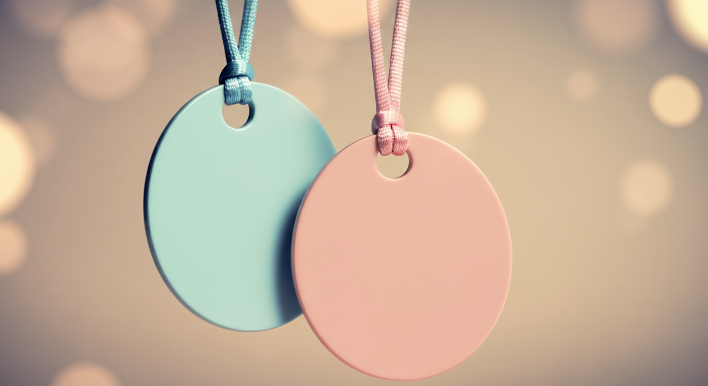 パステルブルーとパステルピンクの2つの犬用タグが、ニュートラルな背景に並んで吊るされている。